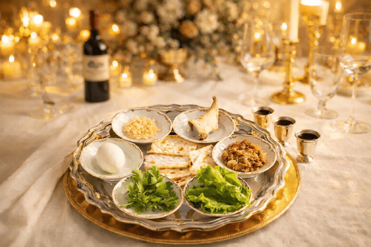 Seder table setting with matzah, wine cups, and haggadot